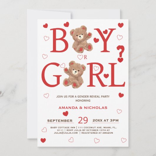 Bär- und Valentinherzen Einladung (Vorderseite)