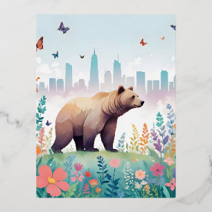 Bär Vintage Tier Natur Wald Stadt Malerei Folien Feiertagspostkarte