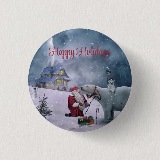Bär, Weihnachtsmann und Kleines Haus Button (Vorderseite)