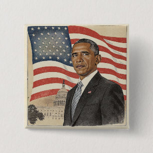 Barack Obama vor der amerikanischen Flagge und dem Button