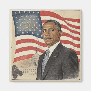 Barack Obama vor der amerikanischen Flagge und dem Magnet