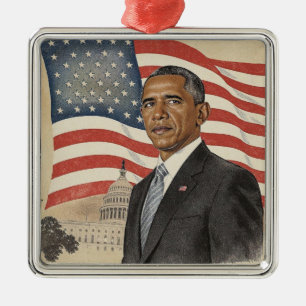 Barack Obama vor der amerikanischen Flagge und dem Ornament Aus Metall
