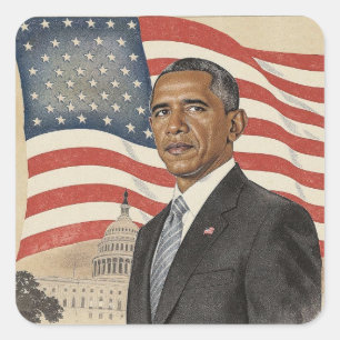 Barack Obama vor der amerikanischen Flagge und dem Quadratischer Aufkleber