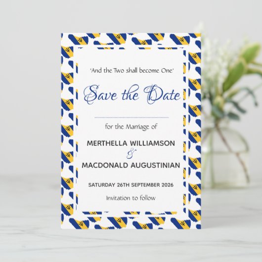 BARBADOS Custom Celebration Scripture Wedding Save The Date (Stehend Vorderseite)
