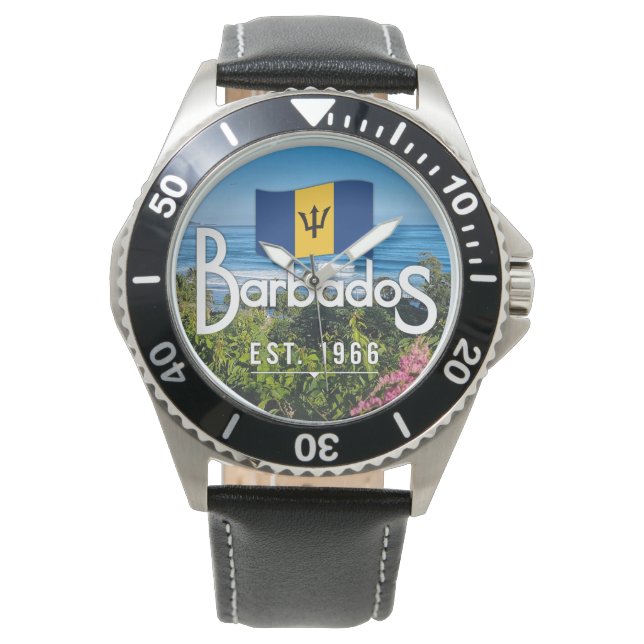"Barbados Est. 1966" East Coast View With Flag Armbanduhr (Vorderseite)