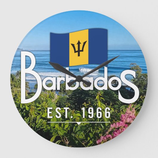 "Barbados Est. 1966" Ost-Küstenansicht mit Flagge Große Wanduhr (Vorderseite)