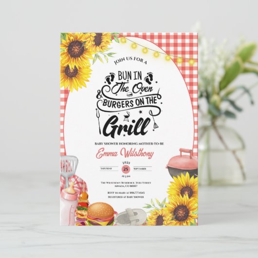 Barbecue Baby-Q Dusche Sonnenblume Karierte GRILLE Einladung (Stehend Vorderseite)