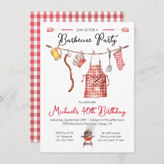 Barbecue GRILLEN Birthday red Gingham Einladung (Vorne/Hinten)