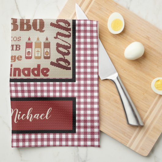 Barbecue Koch Red Gingham Karo Personalisiert Geschirrtuch (Viertel Falte)