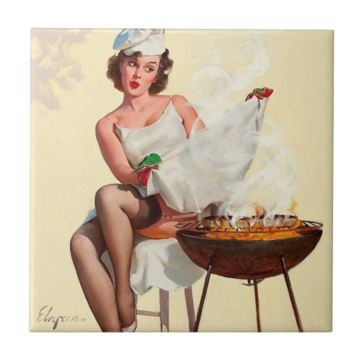 Barbecue Pin-Up Mädchen Fliese (Vorderseite)