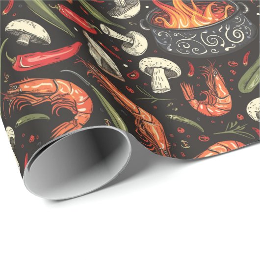 Barbecue Prawns und Mushrooms Schwarzer Erntedank Geschenkpapier (Rolleneckpunkt)