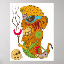Barbecue-Tiki-Monster mit Wurst und Menschenschäde