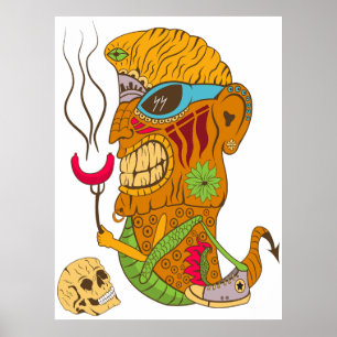 Barbecue-Tiki-Monster mit Wurst und Menschenschäde Poster