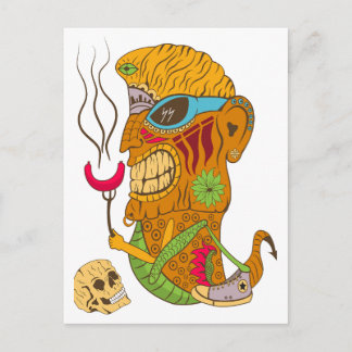 Barbecue-Tiki-Monster mit Wurst und Menschenschäde Postkarte