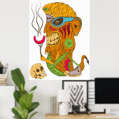 Barbecue Tiki Monster mit Wurst und menschlichem S Poster (Heimbüro)