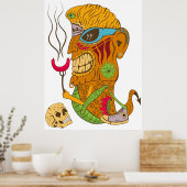 Barbecue Tiki Monster mit Wurst und menschlichem S Poster (Küche)