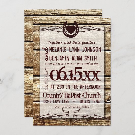 Barbed Wire Horseshoe Rustic Wedding Einladung (Vorne/Hinten)