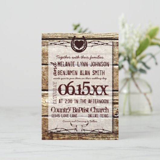 Barbed Wire Horseshoe Rustic Wedding Einladung (Stehend Vorderseite)