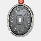 Barbell Plate - Aufzug, Live, Liebe, Lachen Silbernes Ornament (Links)