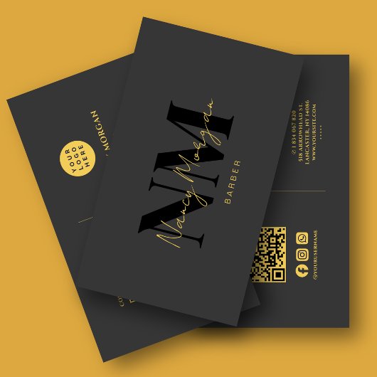 Barber Black Gold Monogramm QR-Code-Logo Visitenkarte
