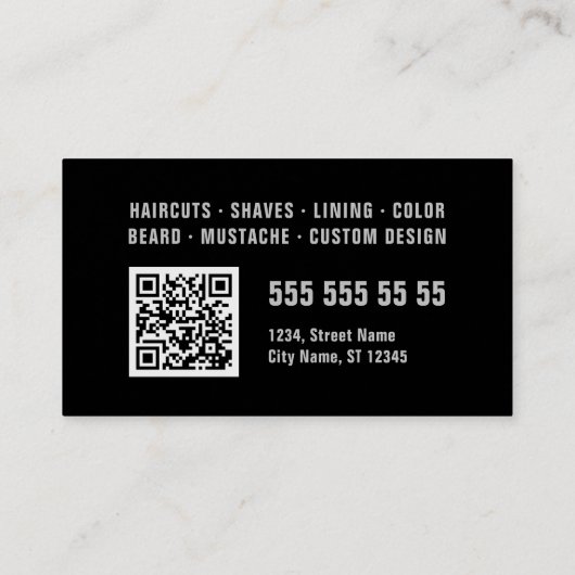 Barber Black Gray Bold Typografy QR Code Visitenkarte (Rückseite)