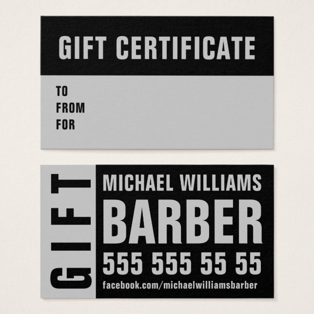 Barber Black Gray Typografy Gift-Zertifikat-Karte (Vorne & Hinten)