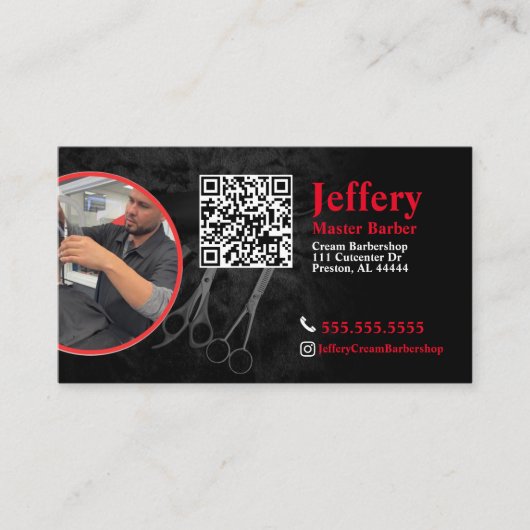 Barber Business Card mit QR-Code und Links Foto Visitenkarte (Vorderseite)
