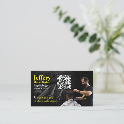 Barber Business Card mit QR Code Visitenkarte (Stehend Vorderseite)