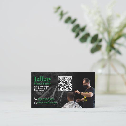 Barber Business Card mit QR Code Visitenkarte (Stehend Vorderseite)