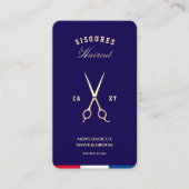 Barber Dark Blue Red White Imitats Gold Schere Visitenkarte (Vorderseite)