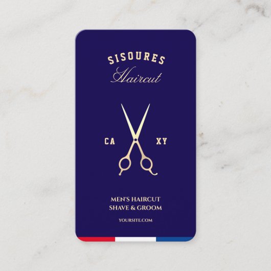 Barber Dark Blue Red White Imitats Gold Schere Visitenkarte (Vorderseite)