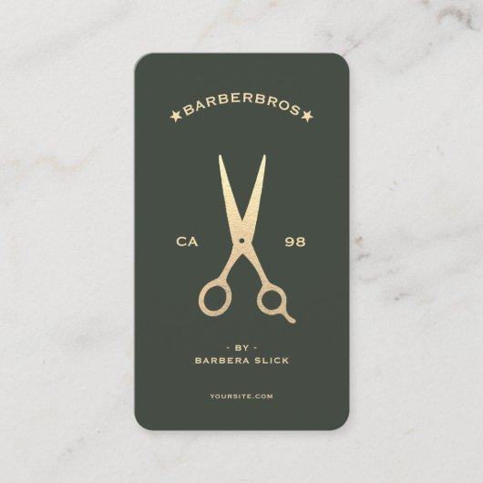 Barber Gold Scissors Friseur Grüne Moderne Visitenkarte (Vorderseite)