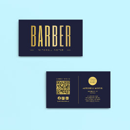 Barber Hair Salon Navy und Gold QR Code & Logo Visitenkarte