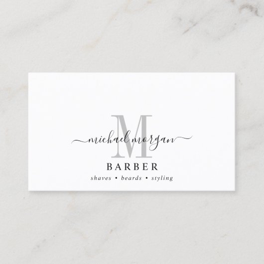 Barber Hair Stylist Modernes Script Monogram Visitenkarte (Vorderseite)