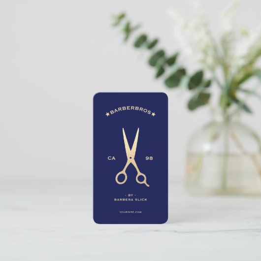Barber Hair Stylistin Dunkle Navy Blue Gold Modern Visitenkarte (Stehend Vorderseite)