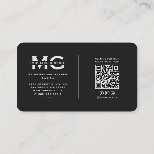 Barber Pole Elegant Black Silver Barbershop Visitenkarte (Rückseite)
