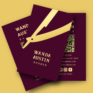 Barber-Rasierer Burgund und Gold QR-Code Visitenkarte
