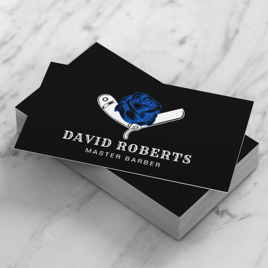 Barber Razor & Blue Rose Barbershop Schwarzes Haar Visitenkarte