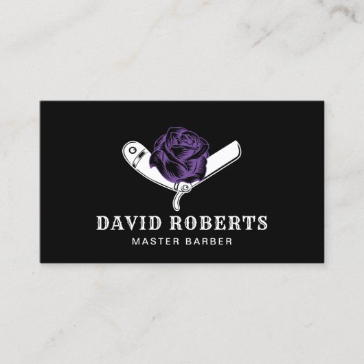Barber Razor & Lila Rose Barbershop Schwarzes Haar Visitenkarte (Vorderseite)