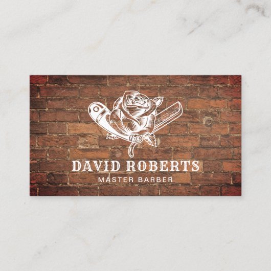 Barber Razor & Rose Logo Barbershop Red Brick Hair Visitenkarte (Vorderseite)
