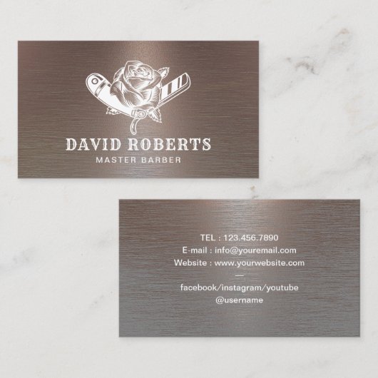 Barber Razor & Rose Logo Cool Copper Barbershop Visitenkarte (Vorne/Hinten)