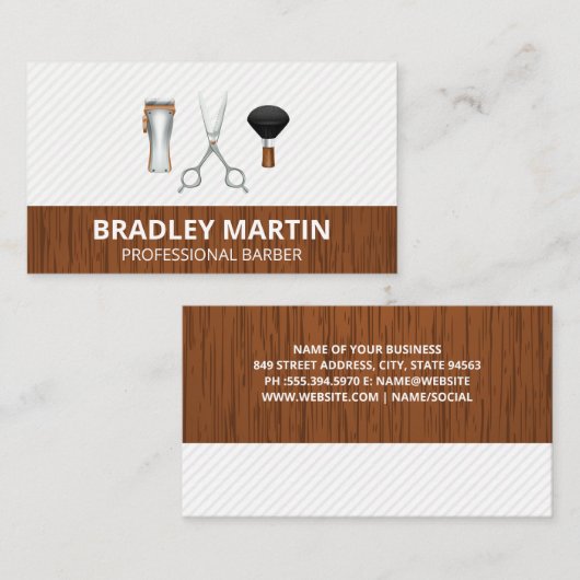 Barber Scissors Clippers Brush | Holzstreifen Visitenkarte (Vorne/Hinten)