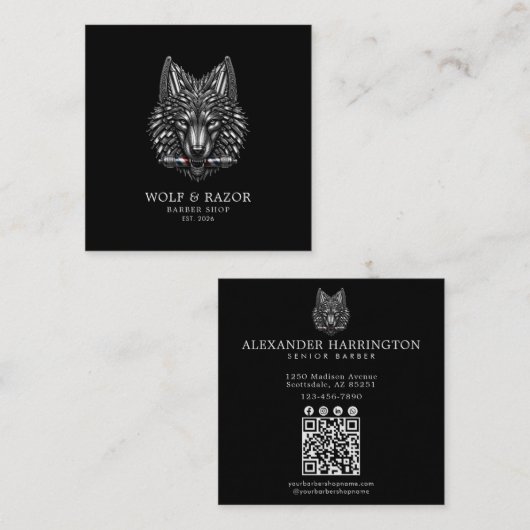 Barber Shop Silver Wolf Professional QR-Code Quadratische Visitenkarte (Vorne/Hinten)