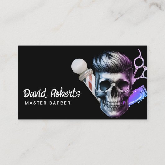 Barber Skull Barbershop Hair Stylist Moderner Schw Visitenkarte (Vorderseite)