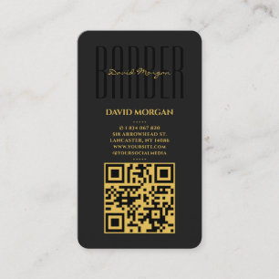 Barber Typography Schwarz und Gold QR-Code Visitenkarte