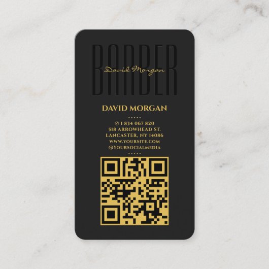 Barber Typography Schwarz und Gold QR-Code Visitenkarte (Vorderseite)
