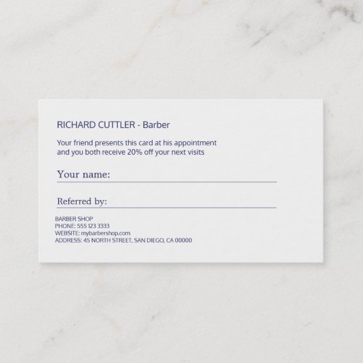 Barberrot-weißes Logo gestreift moderne Befassung Empfehlungskarte (Rückseite)