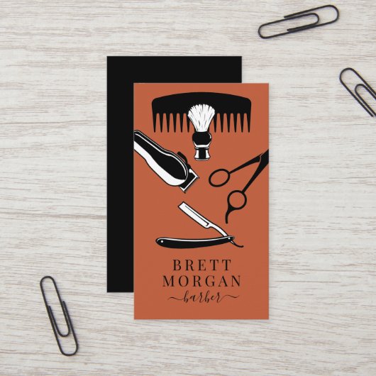 Barber's Tools Orange Black Barber Business Card Visitenkarte (Vorderseite/Rückseite Beispiel)