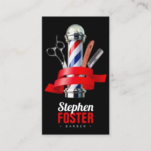 Barbershop Black & Red Pole Barbershop QR Code Visitenkarte (Vorderseite)