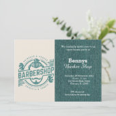 Barbershop Blue Jeans Textur geöffnet Einladung (Stehend Vorderseite)